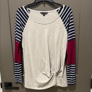 Striped Raglan Long-Sleeve Top with Twist Hem - Light Gray, Maroon & Navy